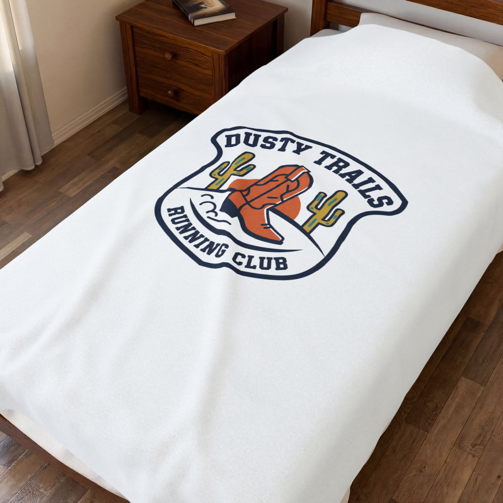 Dusty Trails Running Club Velveteen Plush Blanket | Western Badge Typography, Rustic Collegiate Emblem