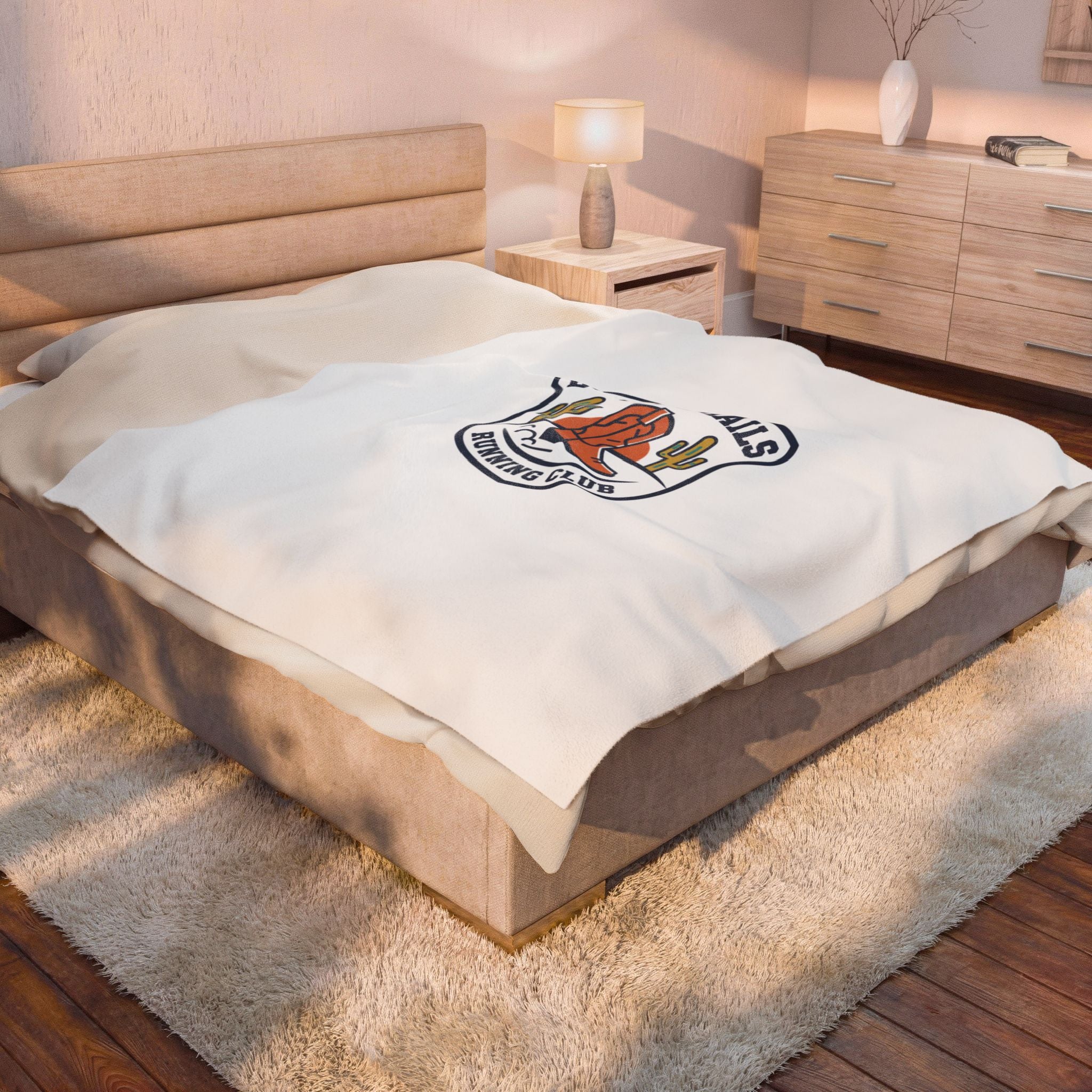 Dusty Trails Running Club Velveteen Plush Blanket | Western Badge Typography, Rustic Collegiate Emblem