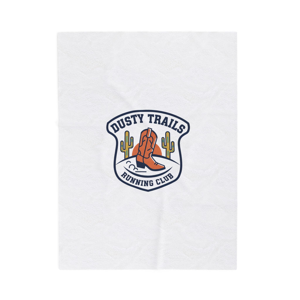 Dusty Trails Running Club Velveteen Plush Blanket | Western Badge Typography, Rustic Collegiate Emblem
