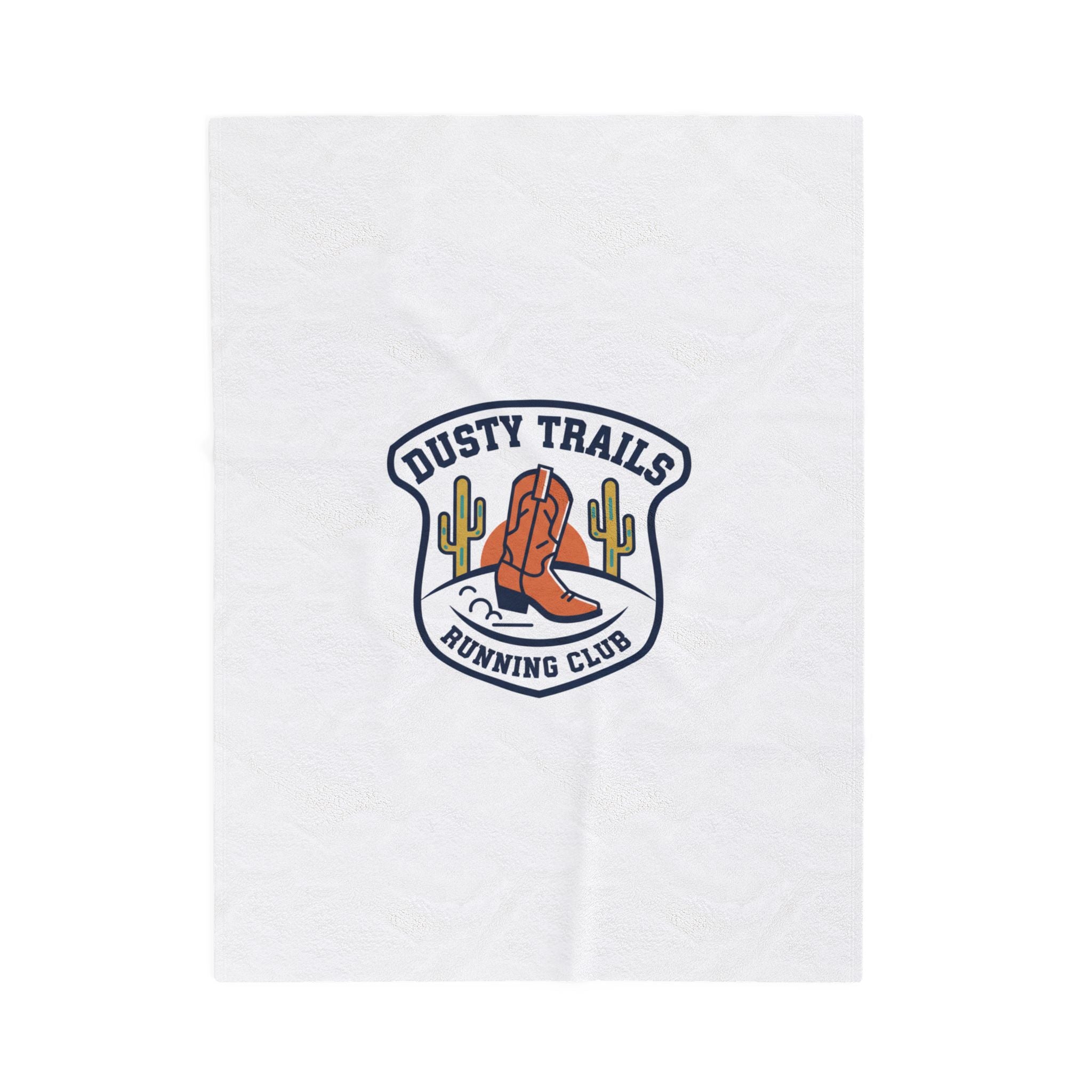Dusty Trails Running Club Velveteen Plush Blanket | Western Badge Typography, Rustic Collegiate Emblem