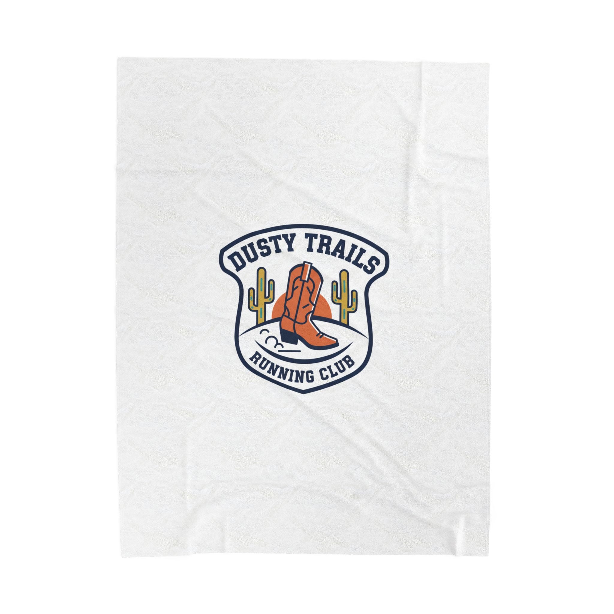 Dusty Trails Running Club Velveteen Plush Blanket | Western Badge Typography, Rustic Collegiate Emblem