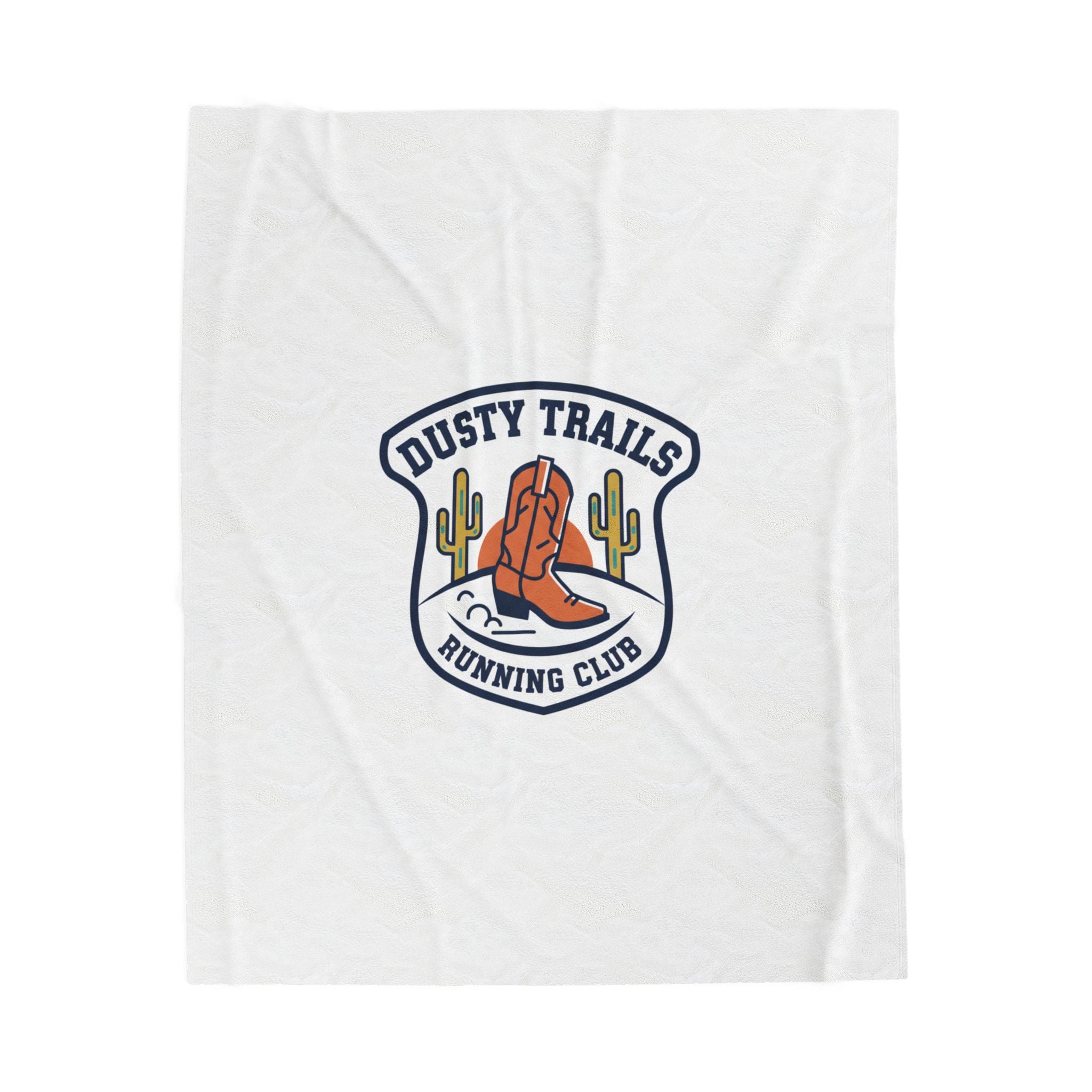 Dusty Trails Running Club Velveteen Plush Blanket | Western Badge Typography, Rustic Collegiate Emblem